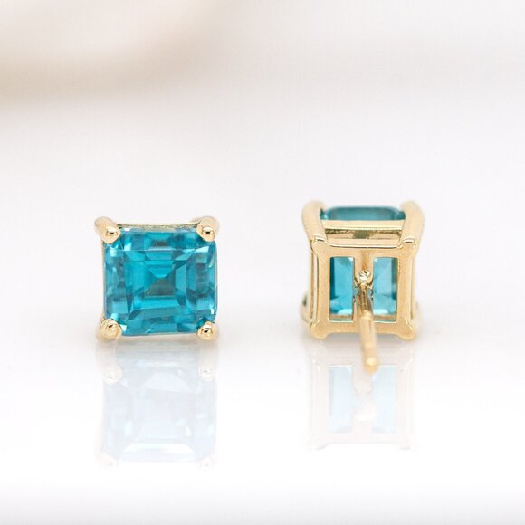 5.2cts Cambodian Blue Zircon Stud Earrings in 14K Solid Gold | 6mm - Picture 6 of 8